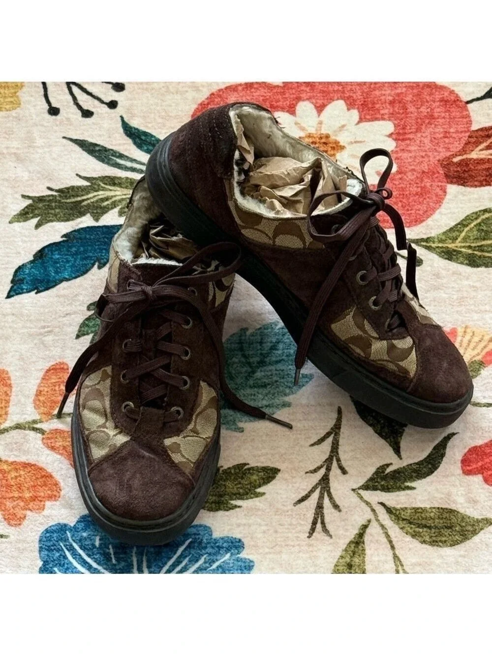 Coach Edwin Sherpa Lined Sneakers Brown Tan Logo Men's Size 8
